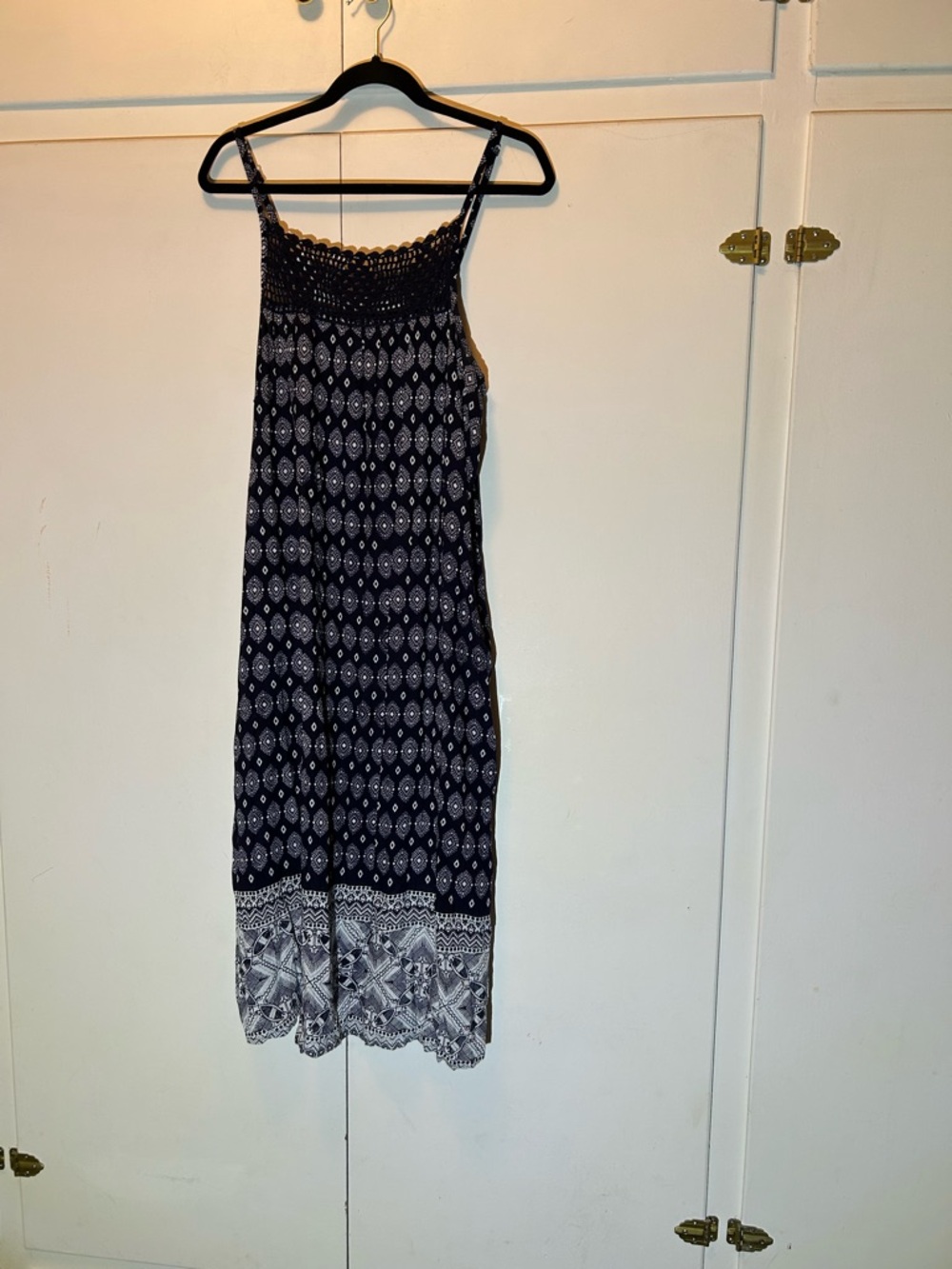 Lagaci Navy Blue Printed Crochet Yoke Midi Dress